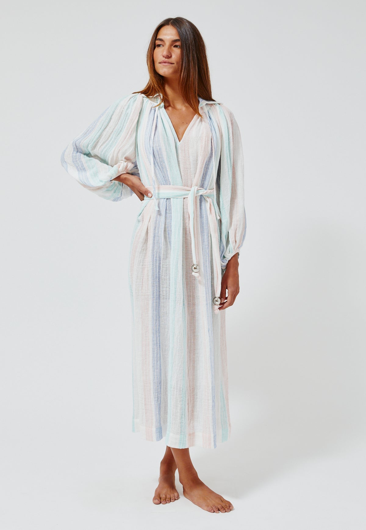 THE POET DRESS in PASTEL MULTI STRIPED GAUZE