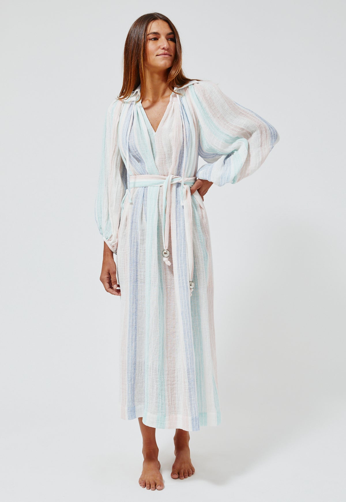 THE POET DRESS in PASTEL MULTI STRIPED GAUZE