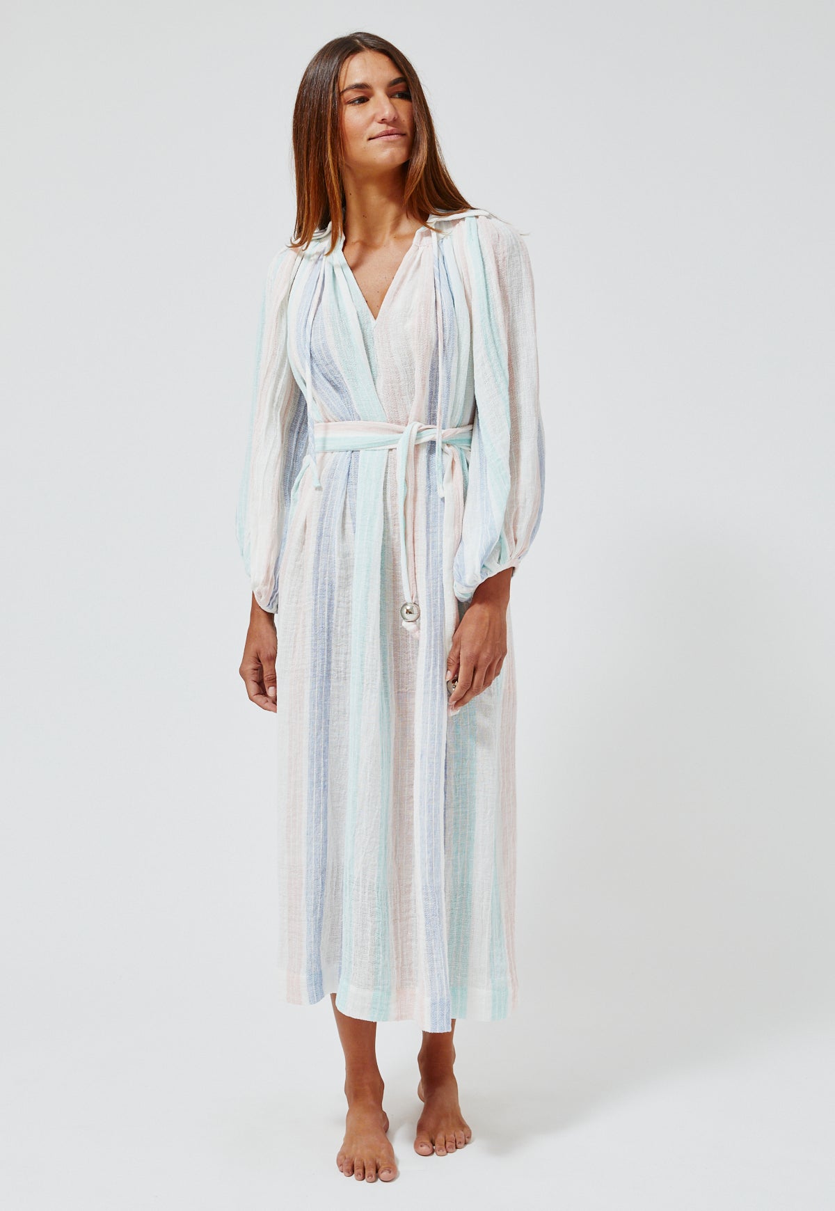 THE POET DRESS in PASTEL MULTI STRIPED GAUZE