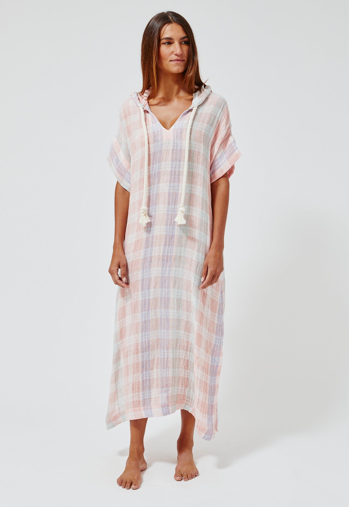 THE DRAWSTRING HOODED CAFTAN in MADRAS GAUZE