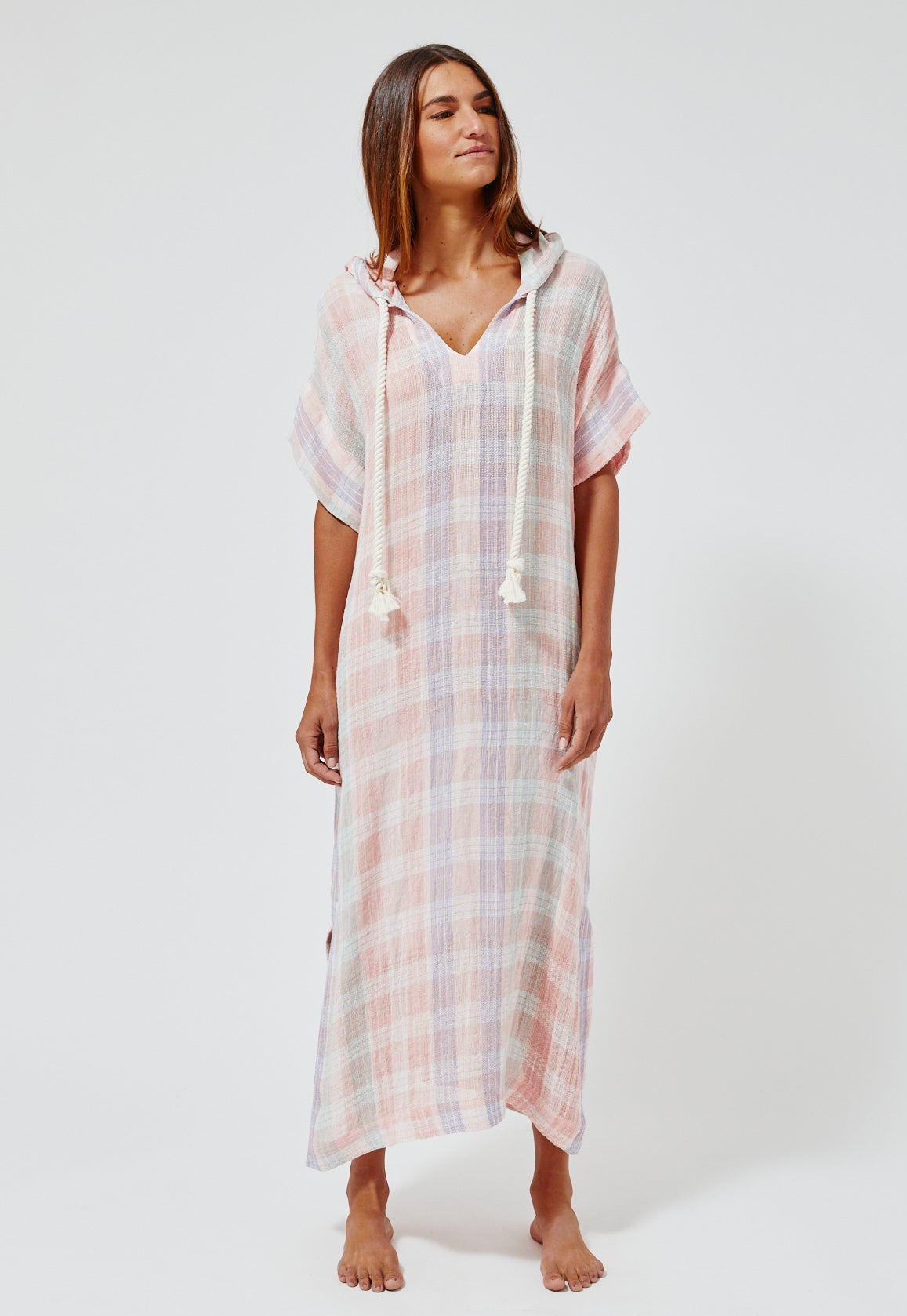 THE DRAWSTRING HOODED CAFTAN in MADRAS GAUZE
