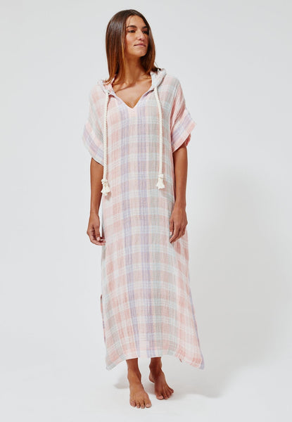 THE DRAWSTRING HOODED CAFTAN in MADRAS GAUZE