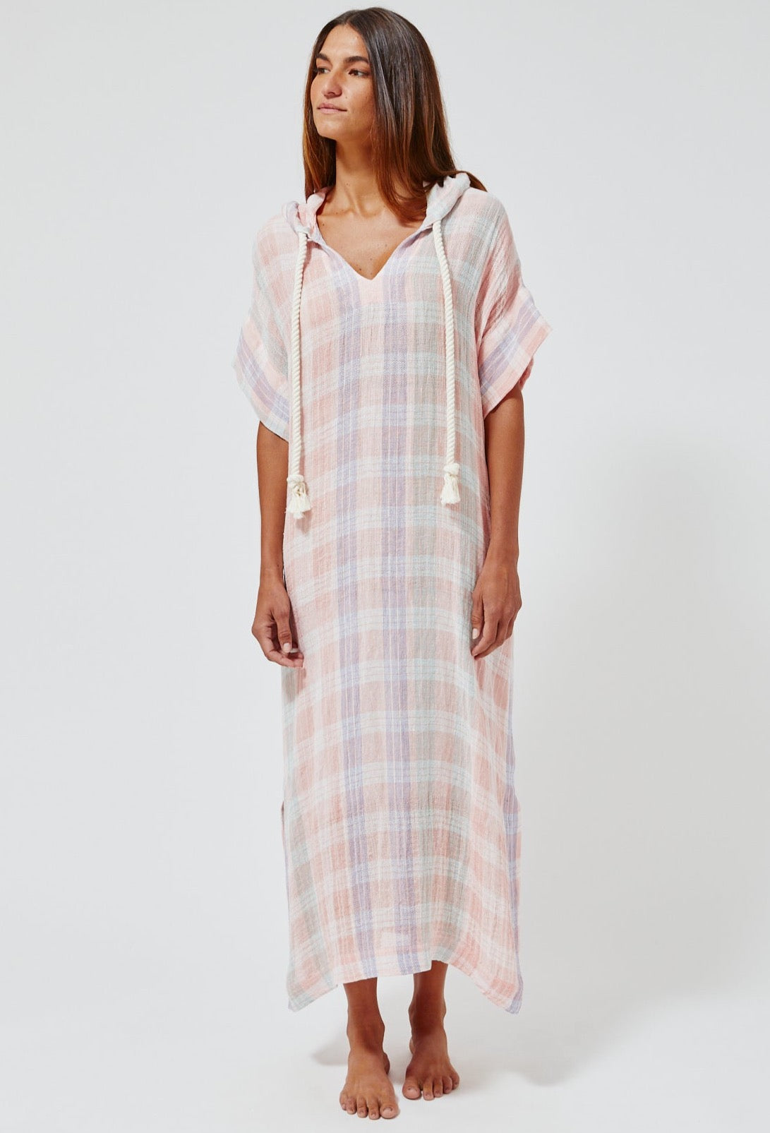 THE DRAWSTRING HOODED CAFTAN in MADRAS GAUZE