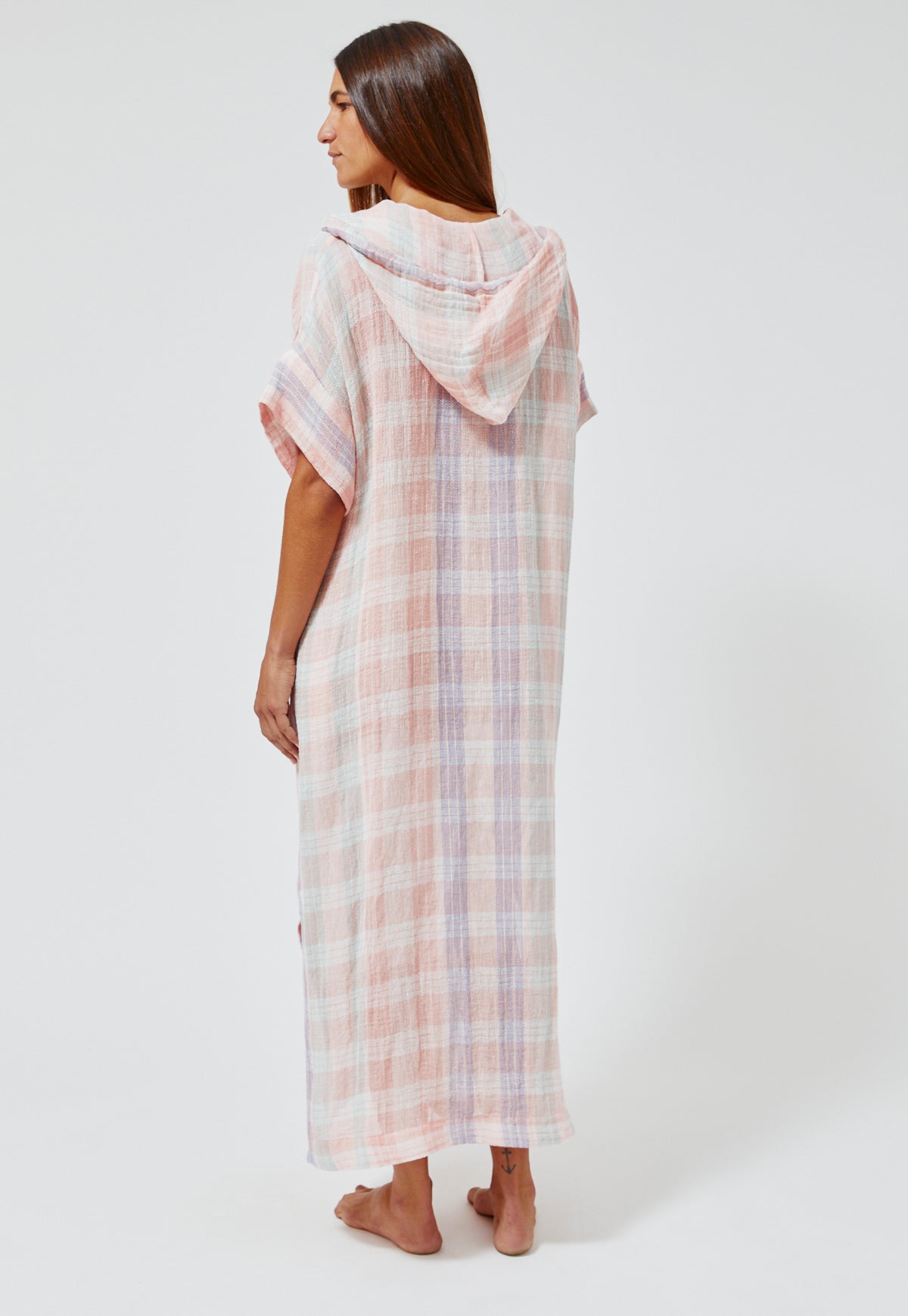 THE DRAWSTRING HOODED CAFTAN in MADRAS GAUZE