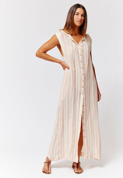 the salting gauze colorblock caftan maxi dress THE CAFTAN SHIRT DRESS in NATURAL & TOMATO Chios Striped Gauze Natural/Tomato Striped Chios Gauze / 2023RES464 NTSCG / 0