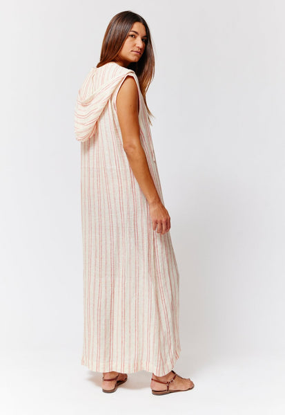 THE CAFTAN SHIRT DRESS in NATURAL & TOMATO CHIOS STRIPED GAUZE