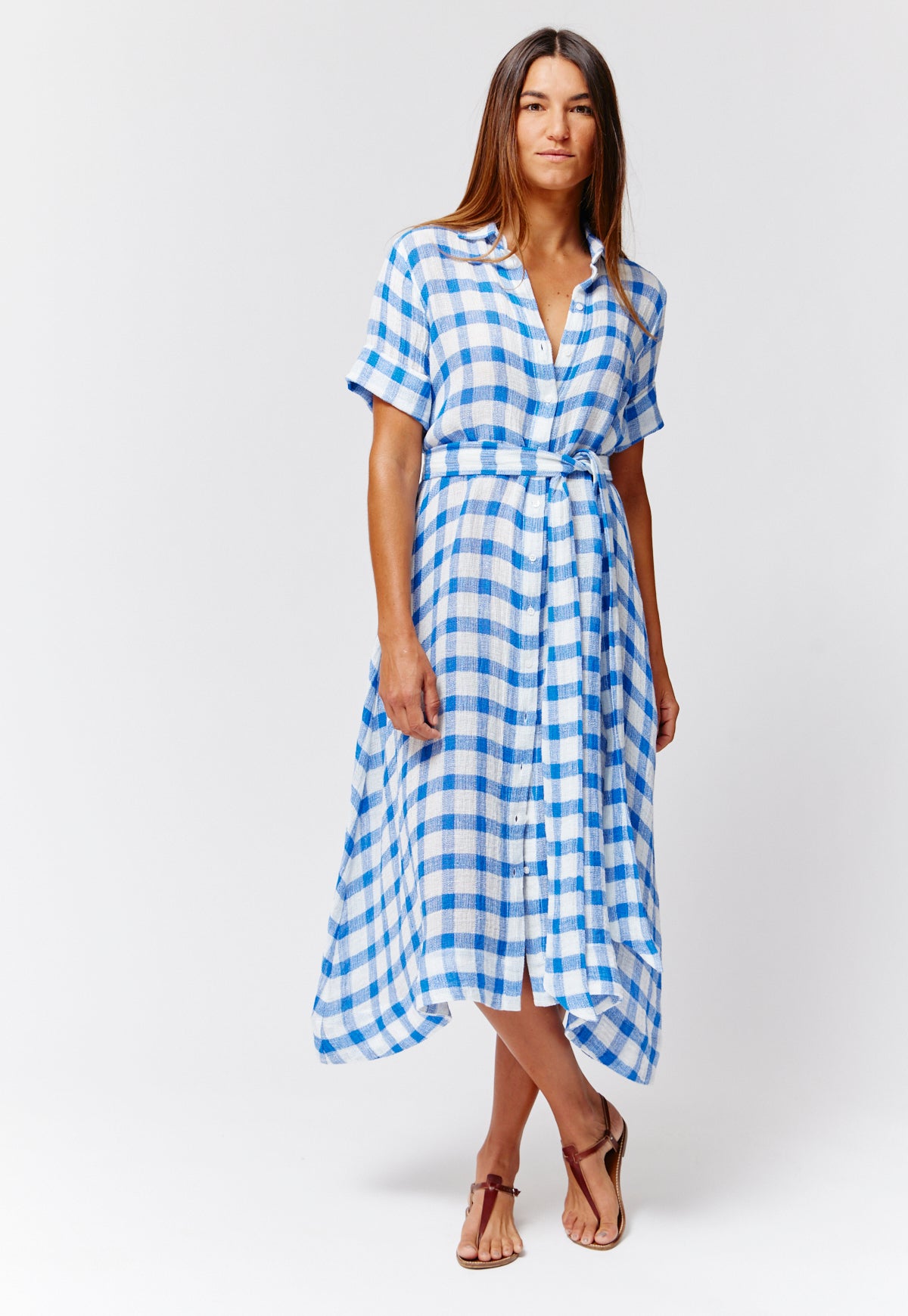 THE CLASSIC SHIRT DRESS in  FRENCH BLUE & WHITE GINGHAM CHIOS GAUZE