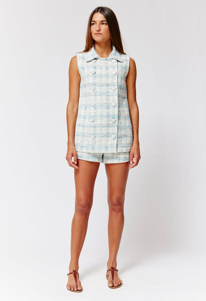 THE SLEEVELESS DOUBLE BREASTED JACKET in BLUE TWEED