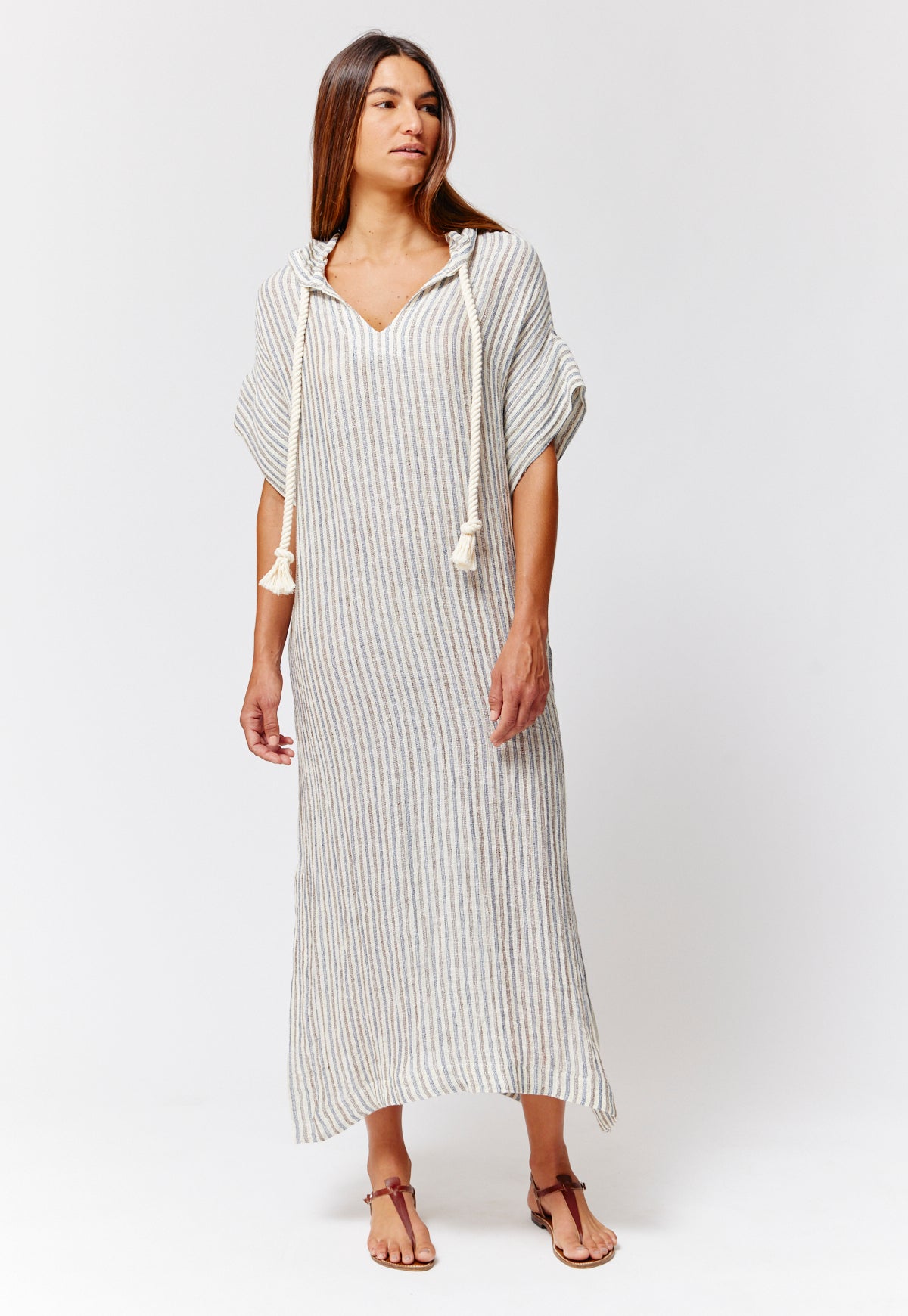 THE DRAWSTRING HOODED CAFTAN in NATURAL/NAVY/BROWN STRIPED CHIOS GAUZE