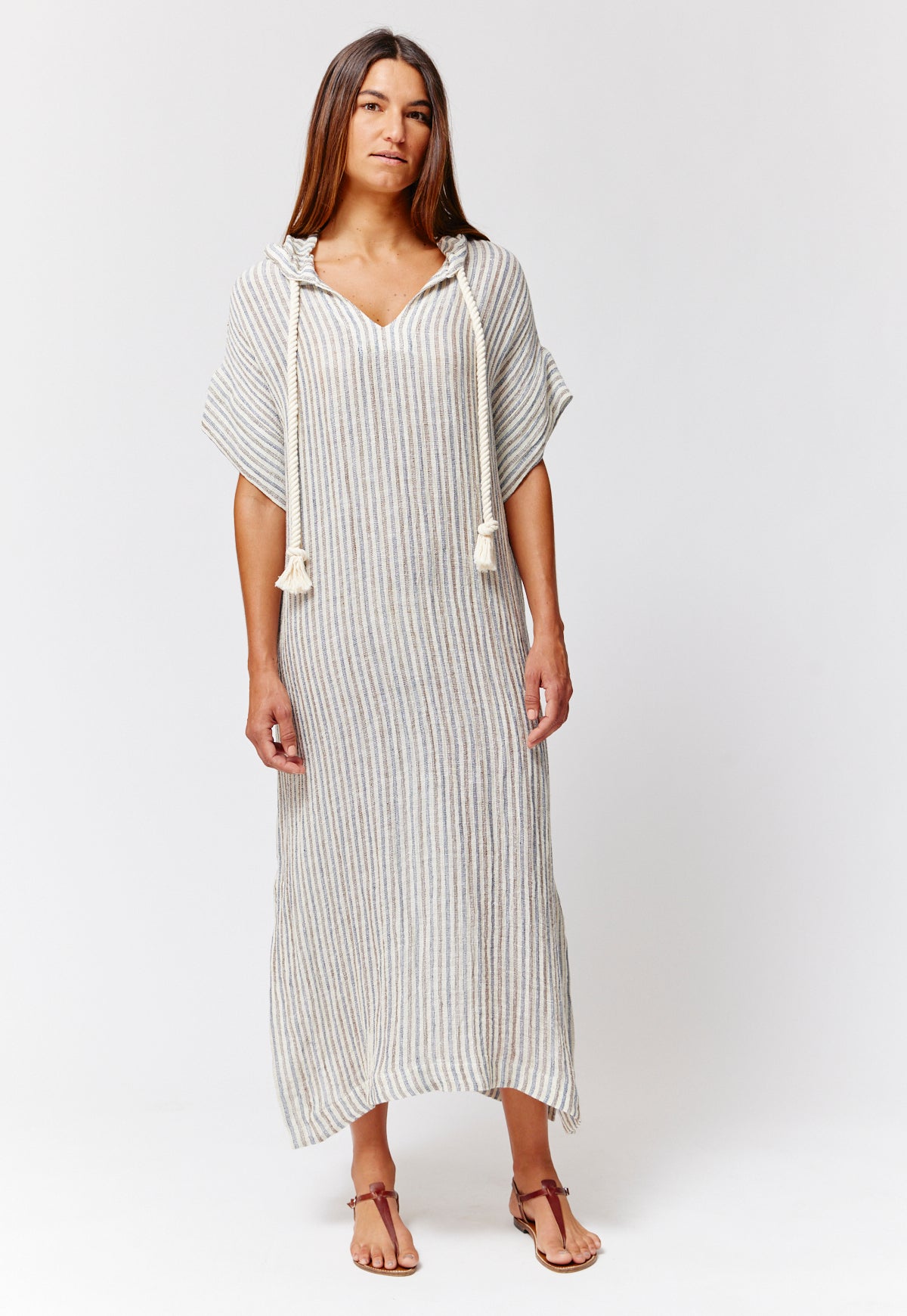 THE DRAWSTRING HOODED CAFTAN in NATURAL/NAVY/BROWN STRIPED CHIOS GAUZE