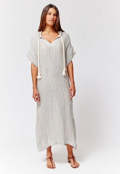THE DRAWSTRING HOODED CAFTAN in NATURAL/NAVY/BROWN STRIPED CHIOS GAUZE