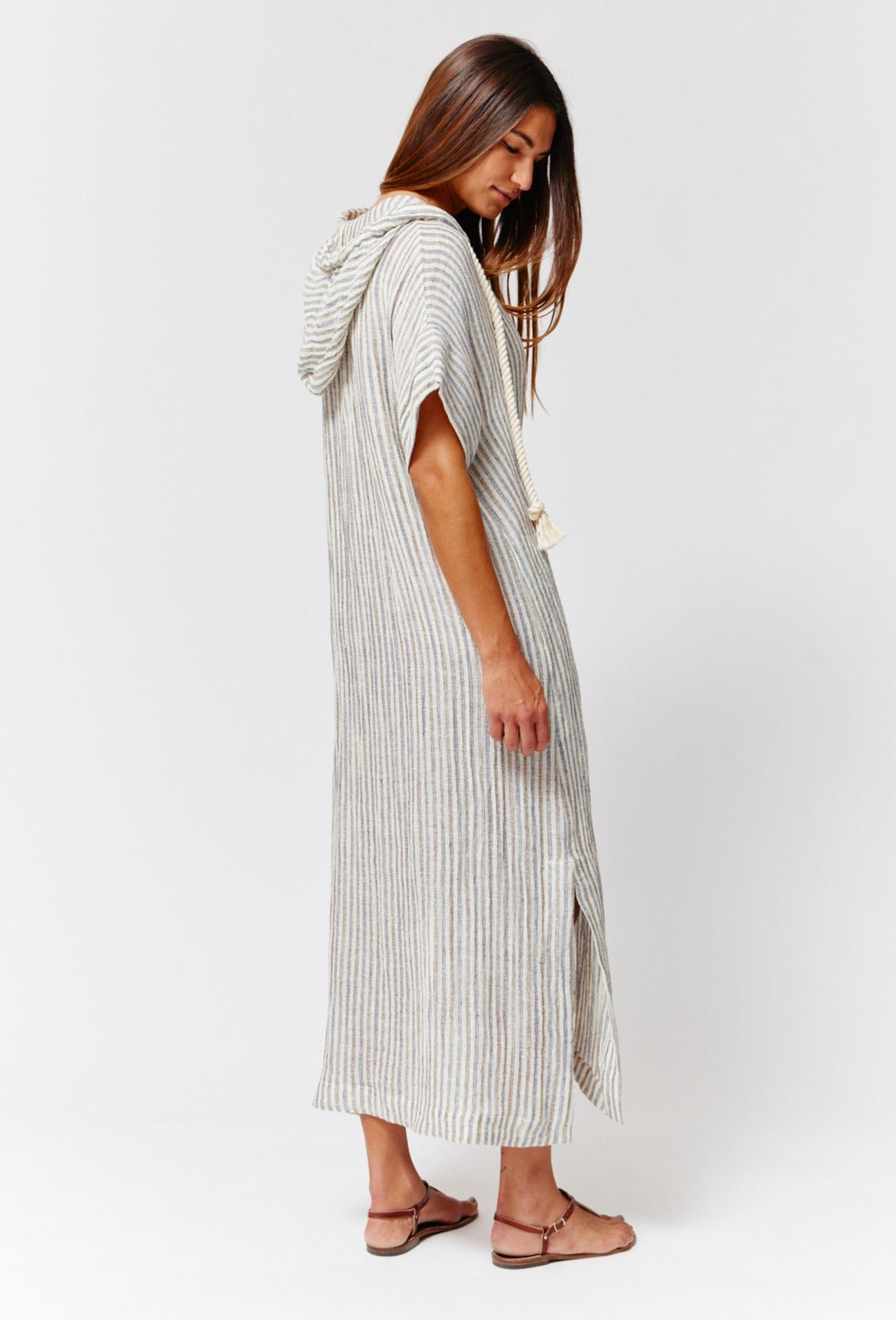 THE DRAWSTRING HOODED CAFTAN in NATURAL/NAVY/BROWN STRIPED CHIOS GAUZE