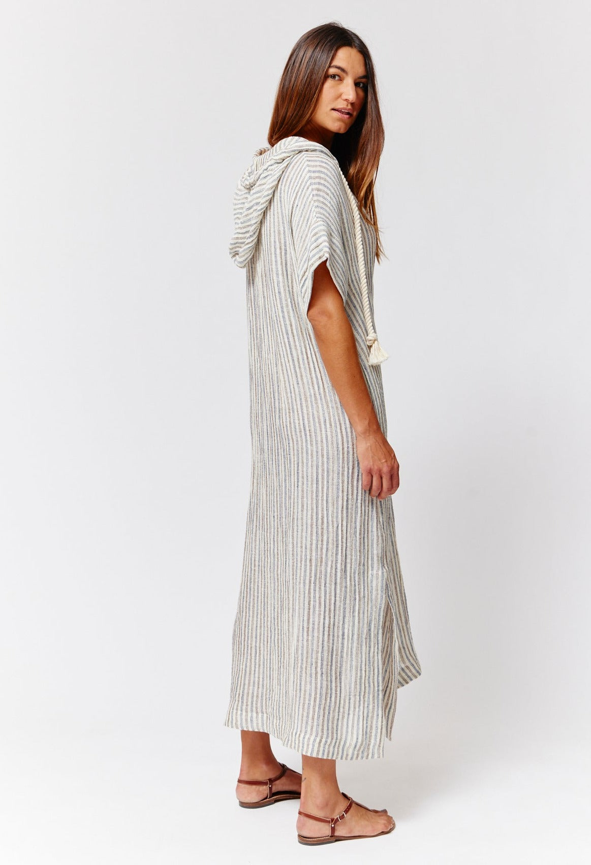 THE DRAWSTRING HOODED CAFTAN in NATURAL/NAVY/BROWN STRIPED CHIOS GAUZE