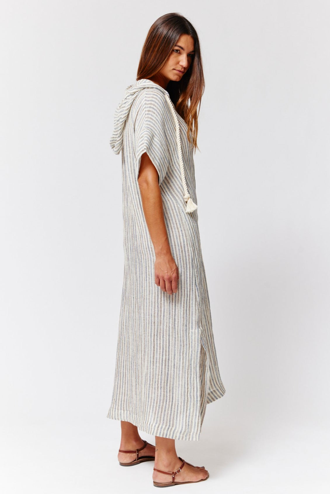 THE DRAWSTRING HOODED CAFTAN in NATURAL/NAVY/BROWN STRIPED CHIOS GAUZE