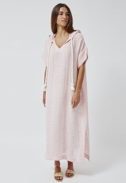 THE DRAWSTRING HOODED CAFTAN in PALE PINK STRIPED GAUZE