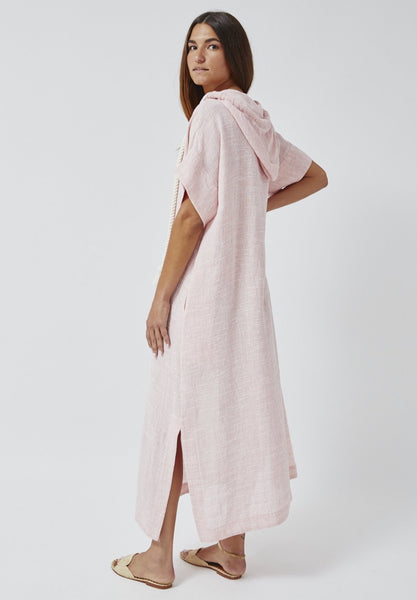 THE DRAWSTRING HOODED CAFTAN in PALE PINK STRIPED GAUZE