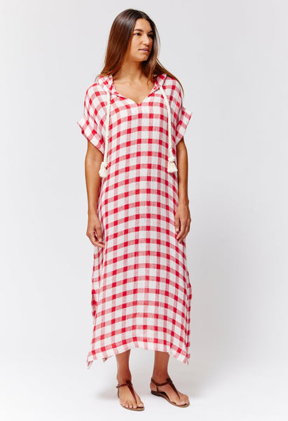 THE DRAWSTRING HOODED CAFTAN in TOMATO GINGHAM CHIOS GAUZE