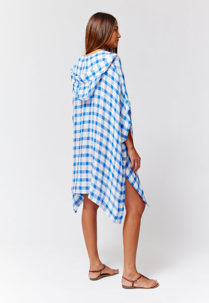 THE HOODED PONCHO in FRENCH BLUE &  WHITE GINGHAM CHIOS GAUZE