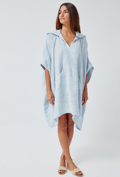 THE HOODED PONCHO in PALE BLUE STRIPED GAUZE