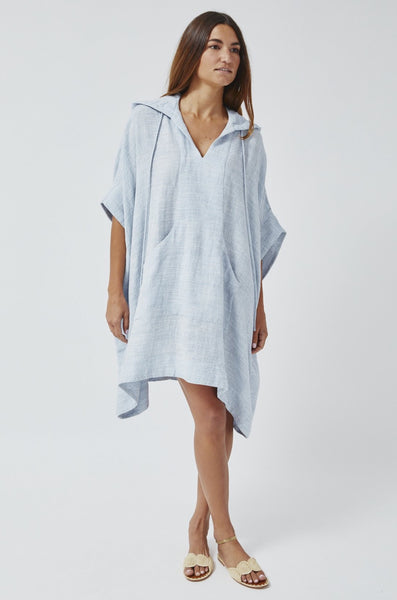 THE HOODED PONCHO in PALE BLUE STRIPED GAUZE