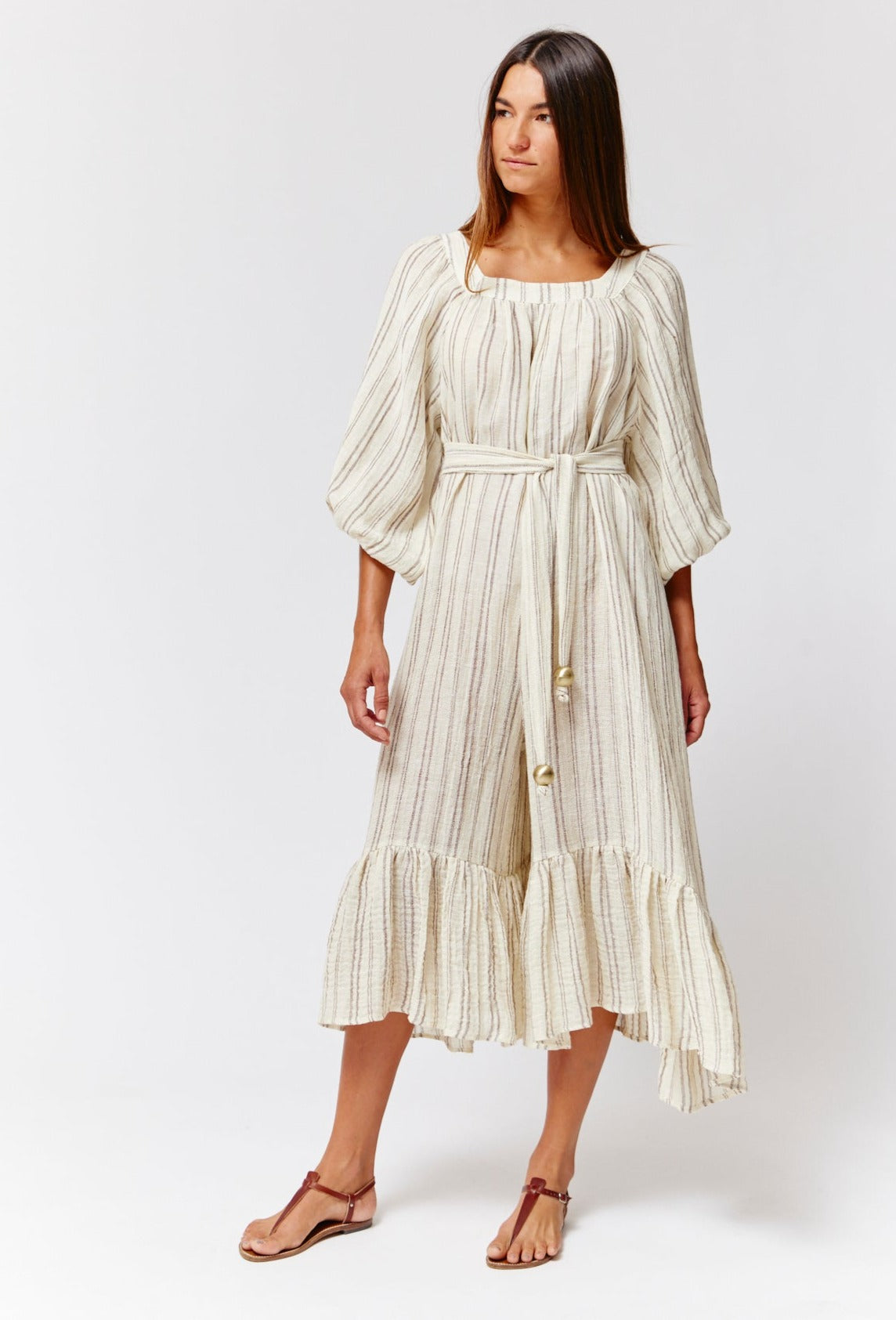 THE LAURE JUMPSUIT in NATURAL & BROWN STRIPED CHIOS GAUZE