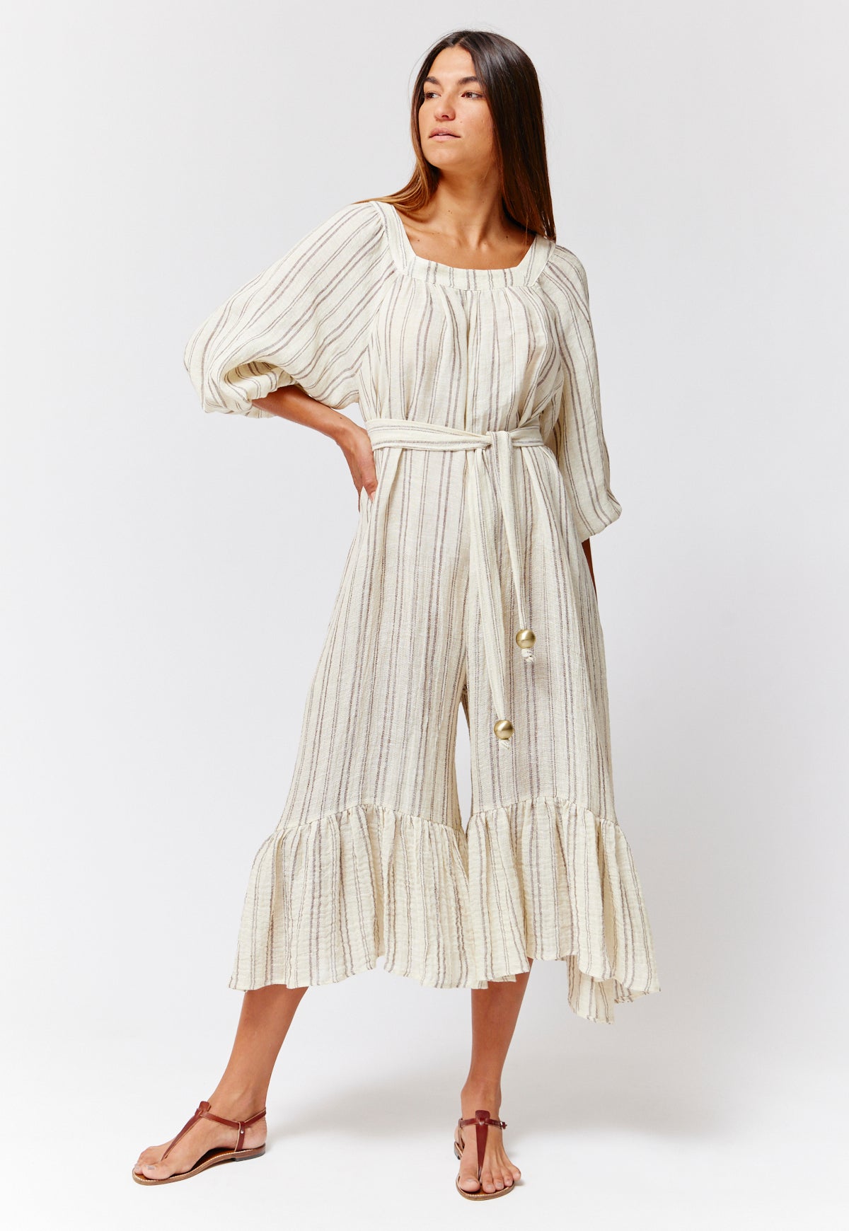 THE LAURE JUMPSUIT in NATURAL & BROWN STRIPED CHIOS GAUZE