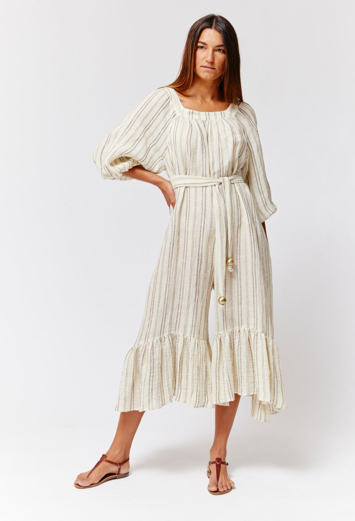 THE LAURE JUMPSUIT in NATURAL & BROWN STRIPED CHIOS GAUZE