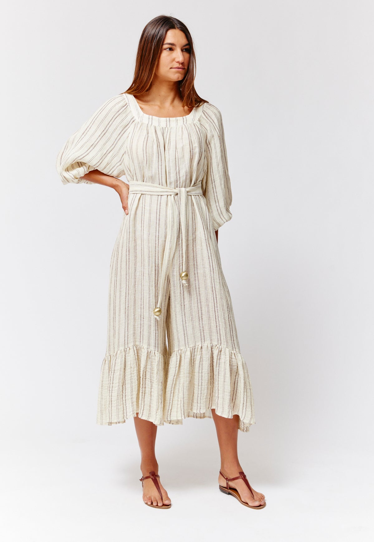 THE LAURE JUMPSUIT in NATURAL & BROWN STRIPED CHIOS GAUZE