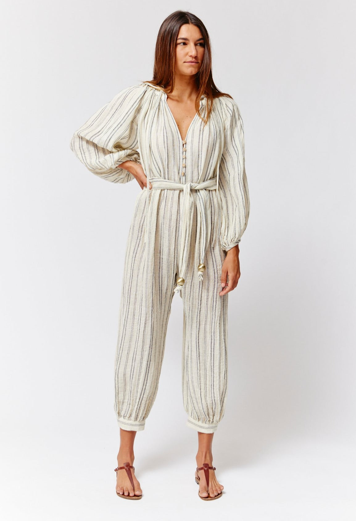 THE POET JUMPSUIT in NATURAL & BLACK STRIPED CHIOS GAUZE