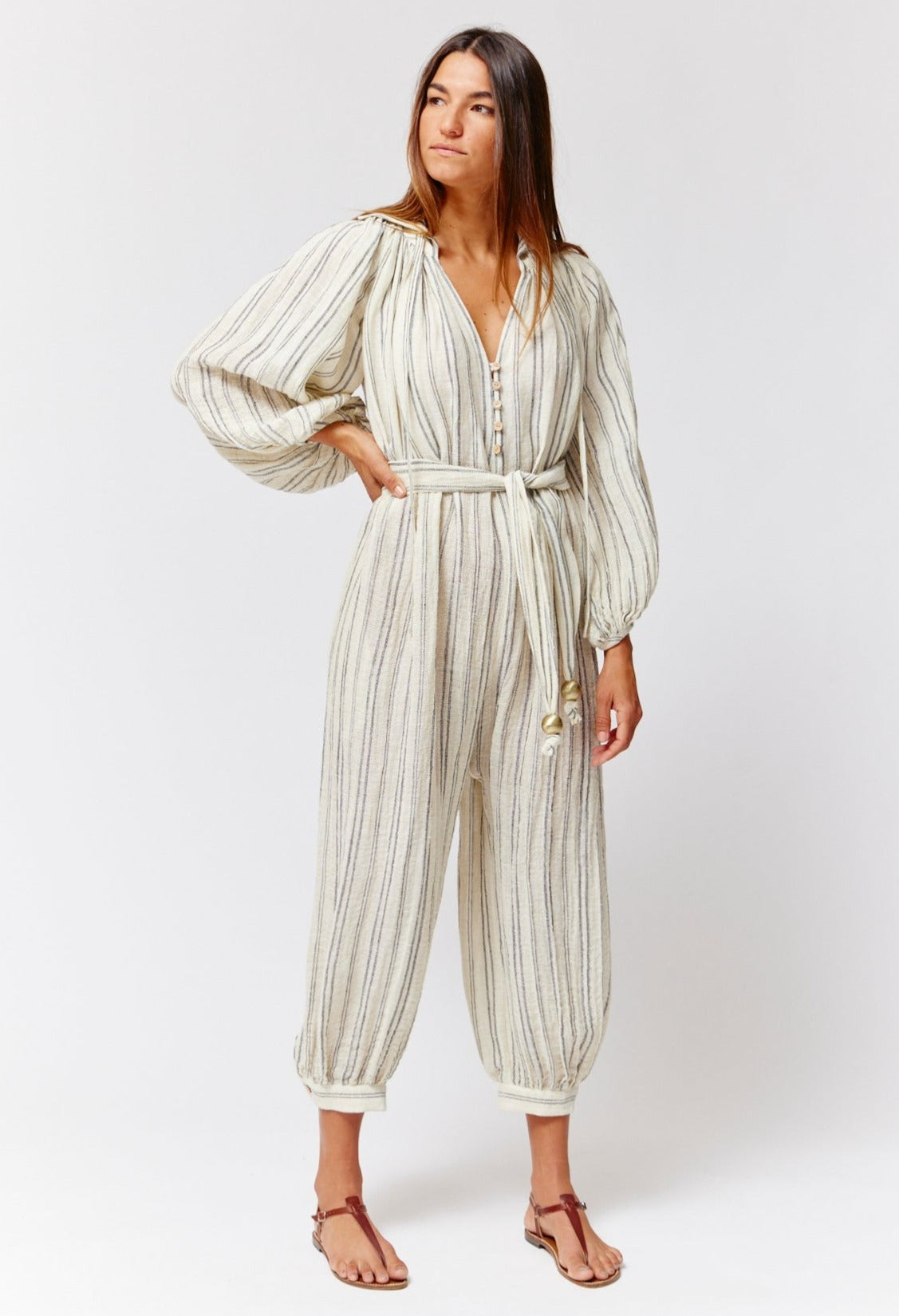 THE POET JUMPSUIT in NATURAL & BLACK STRIPED CHIOS GAUZE