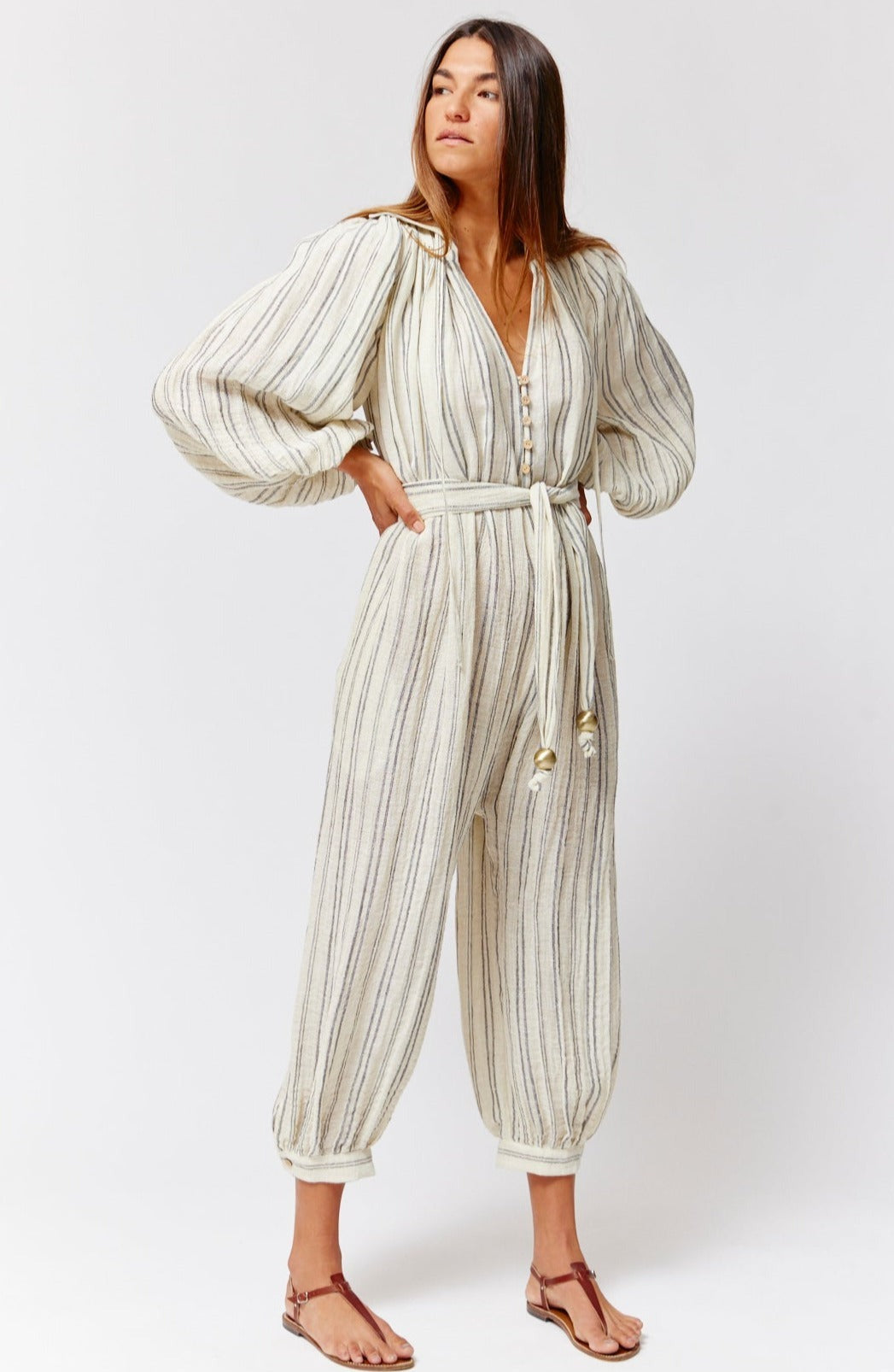 THE POET JUMPSUIT in NATURAL & BLACK STRIPED CHIOS GAUZE