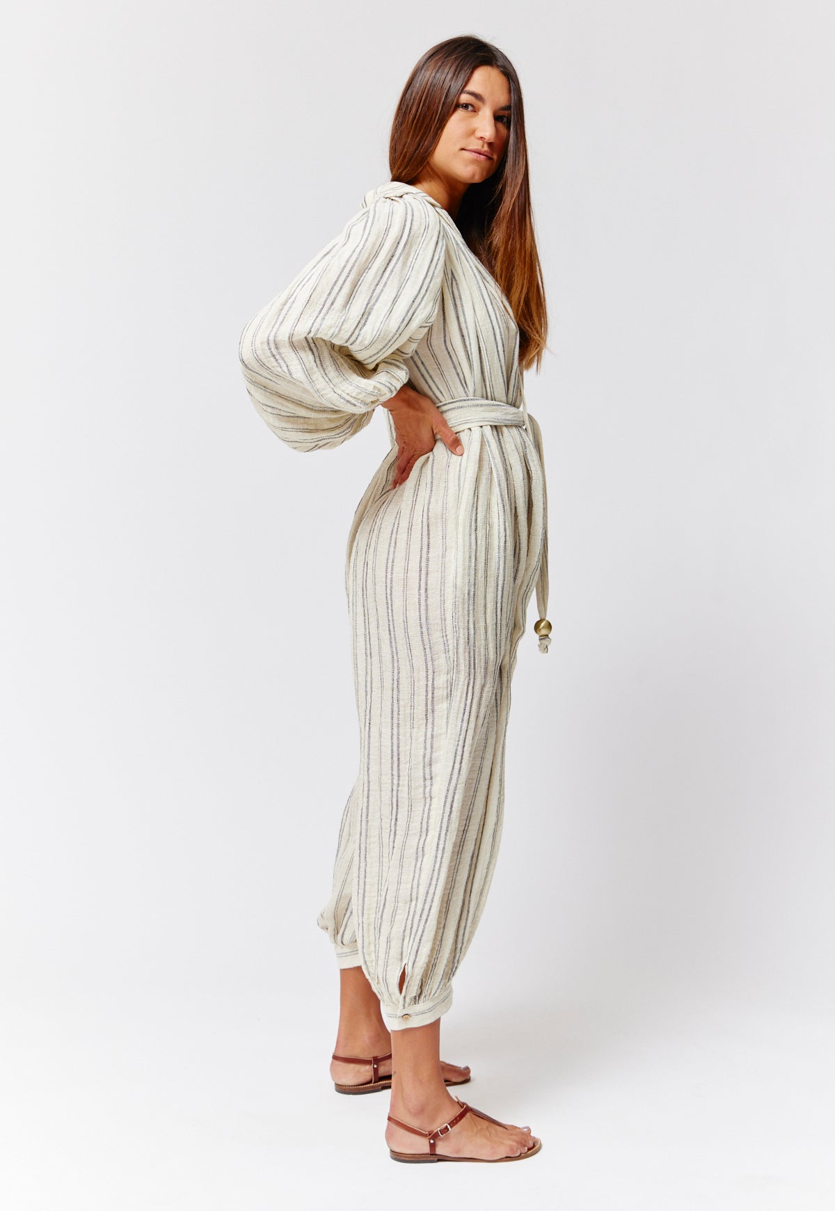 THE POET JUMPSUIT in NATURAL & BLACK STRIPED CHIOS GAUZE