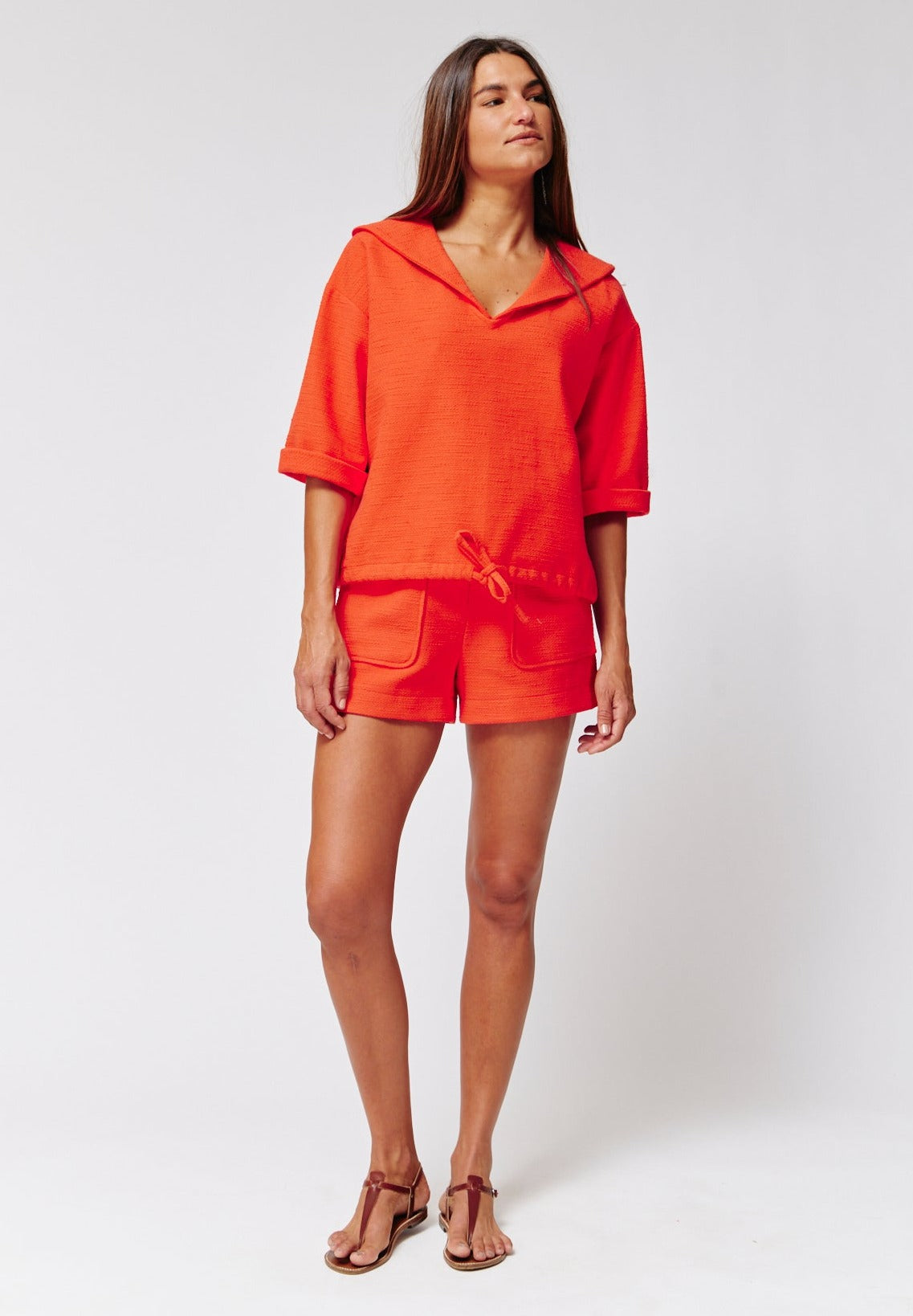 THE SAILOR BLOUSON TOP in TOMATO COTTON BOUCLE