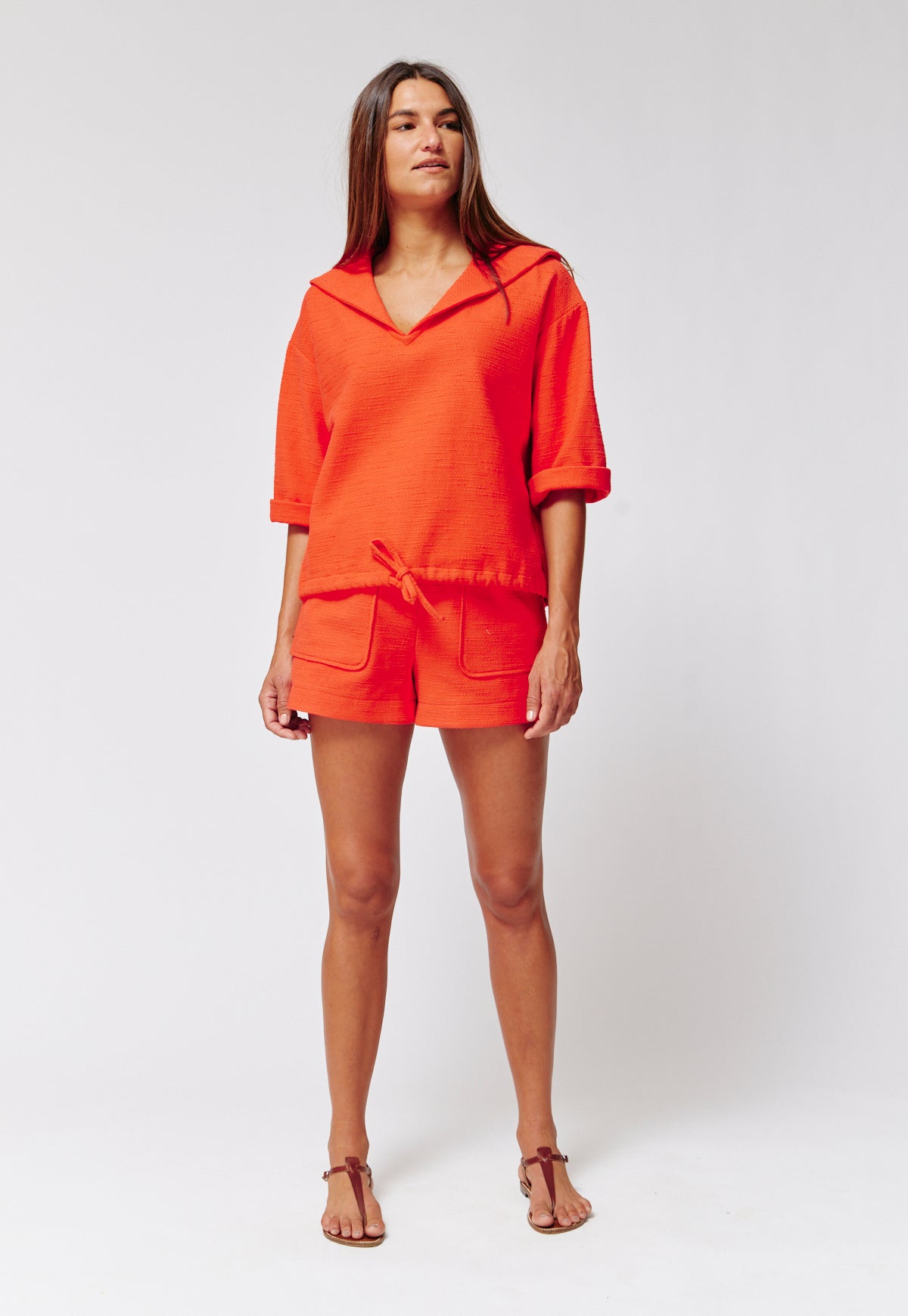 THE SAILOR BLOUSON TOP in TOMATO COTTON BOUCLE