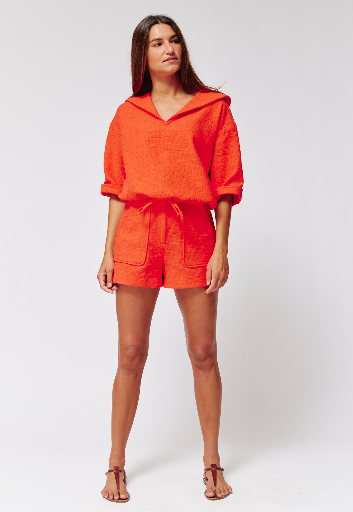 THE SAILOR BLOUSON TOP in TOMATO COTTON BOUCLE