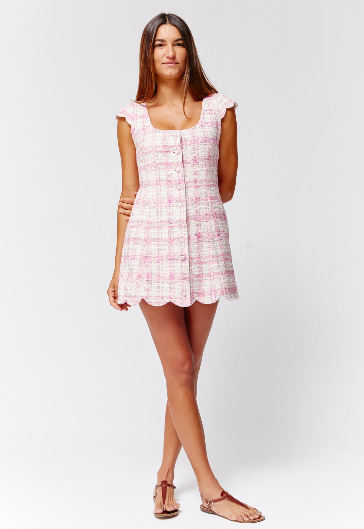 THE SCALLOP CAP SLEEVE MINI DRESS in PINK TWEED