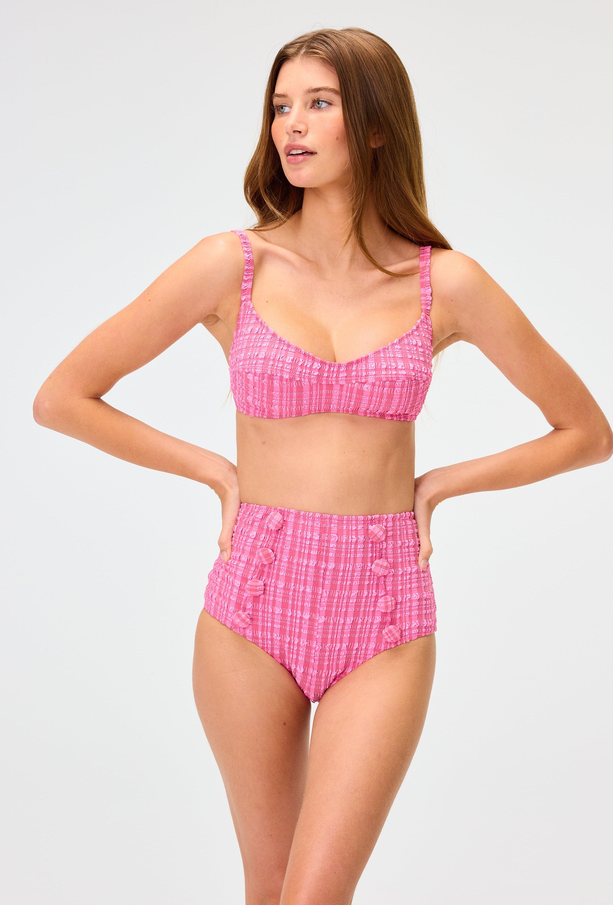 THE BALCONETTE HIGH-WAIST BIKINI in FUCHSIA STRIPED SEERSUCKER