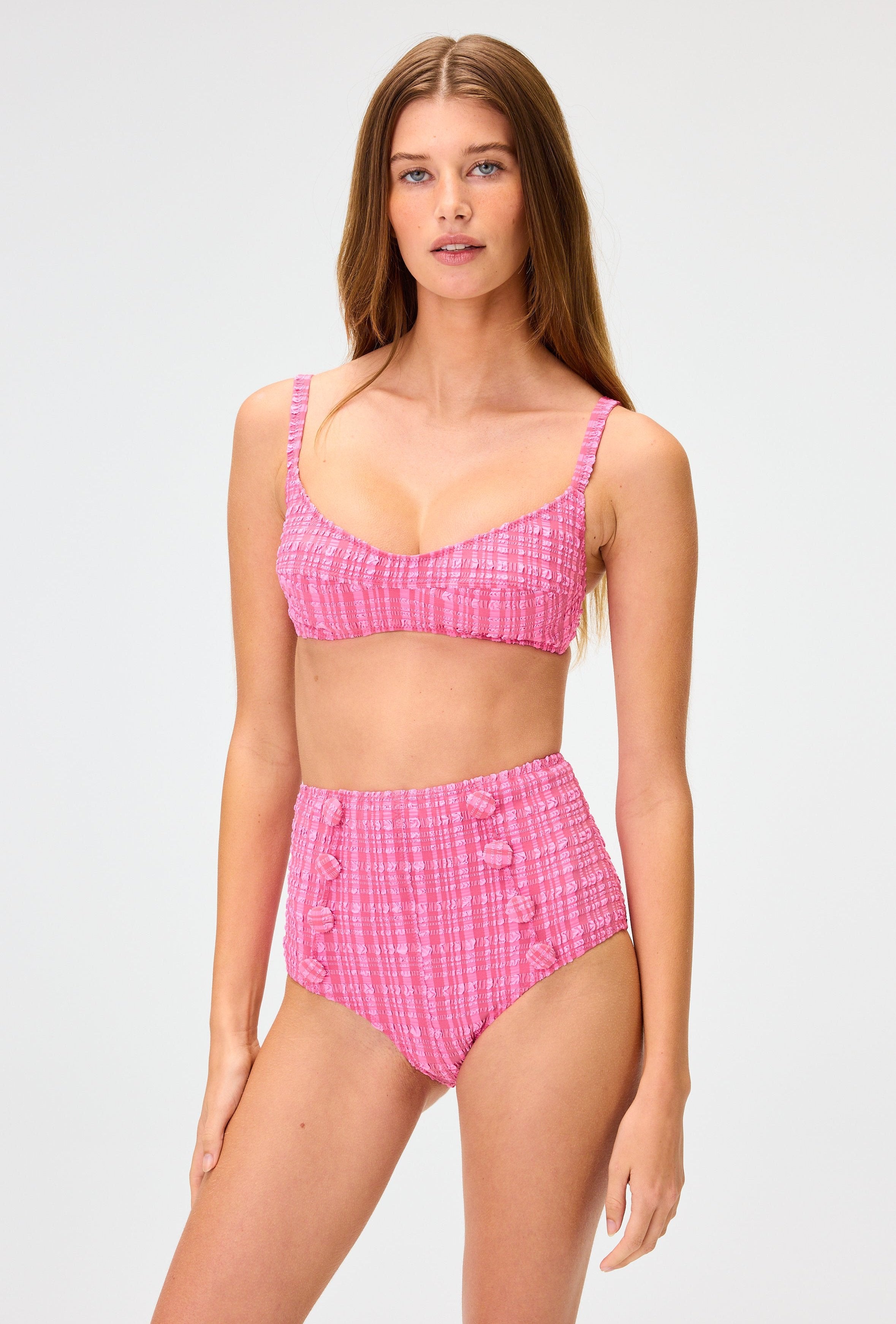 THE BALCONETTE HIGH-WAIST BIKINI in FUCHSIA STRIPED SEERSUCKER