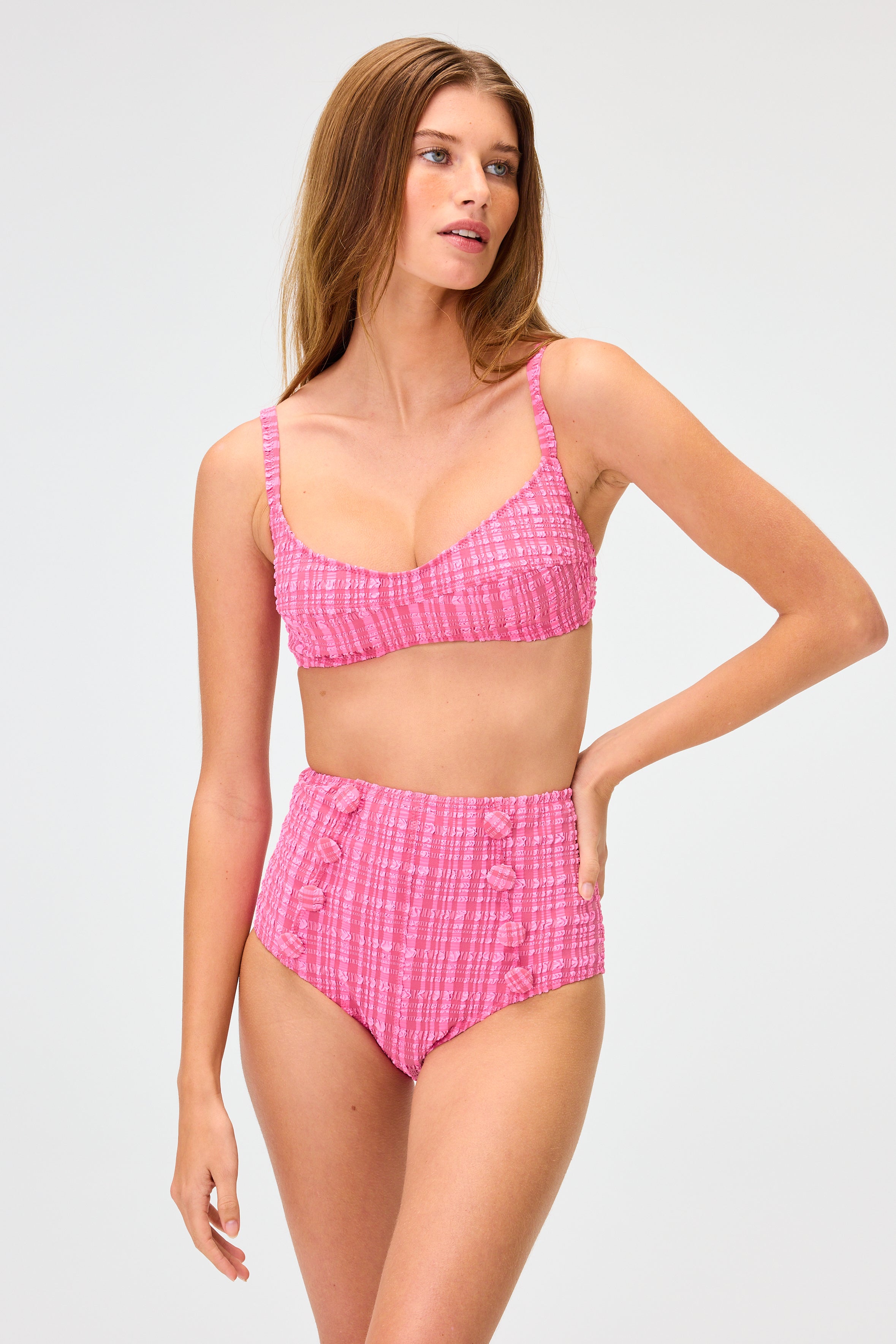 THE BALCONETTE HIGH-WAIST BIKINI in FUCHSIA STRIPED SEERSUCKER