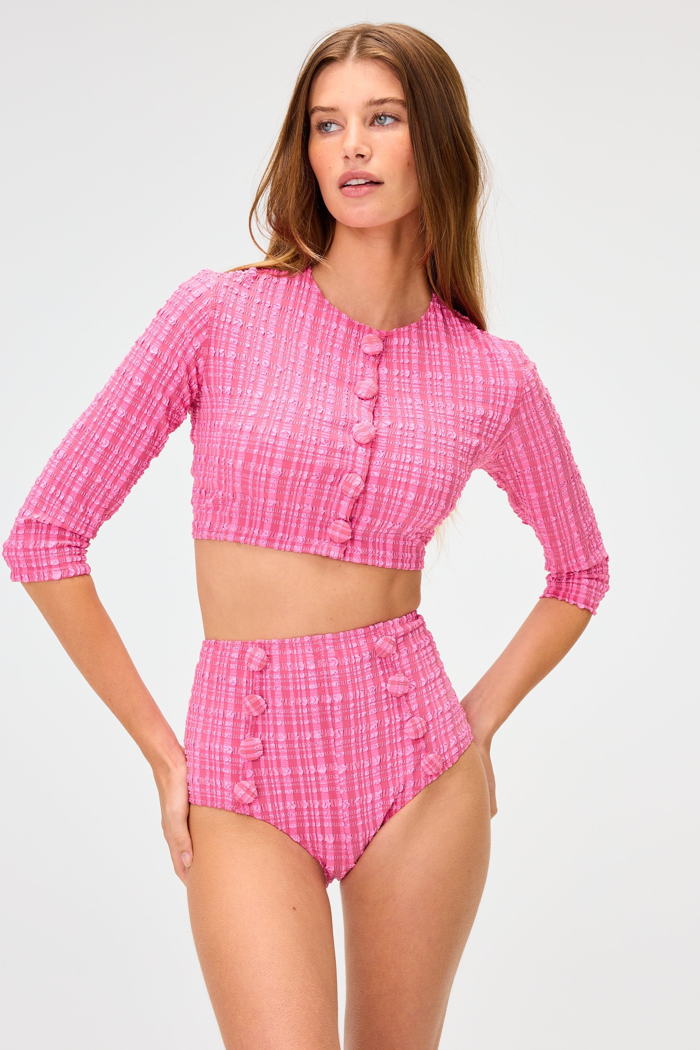 THE CARDIGAN in FUCHSIA STRIPED SEERSUCKER