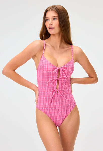 THE THREE TIE MAILLOT in FUCHSIA STRIPED SEERSUCKER