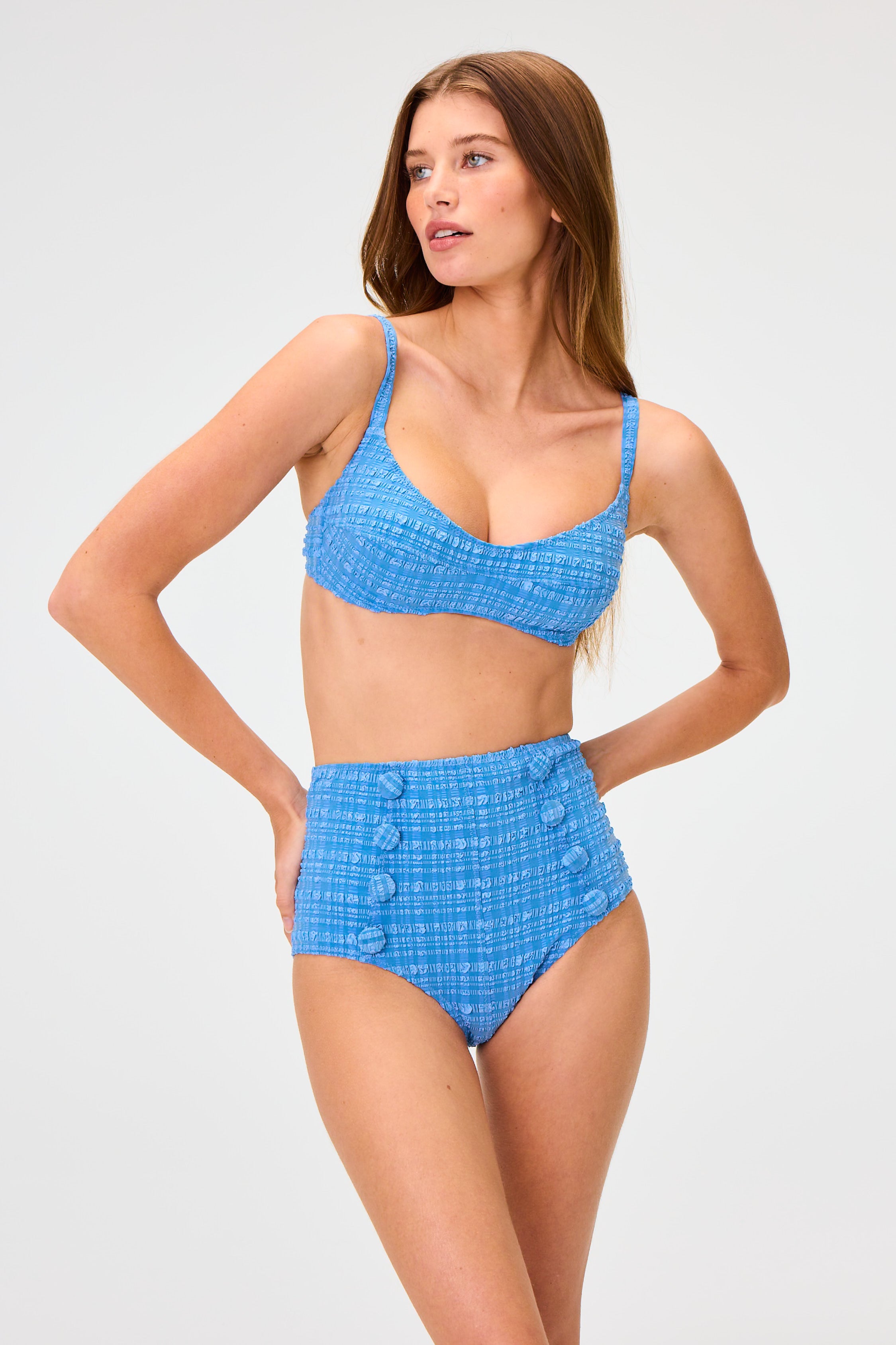 THE BALCONETTE HIGH-WAIST BIKINI in BLUE STRIPED SEERSUCKER