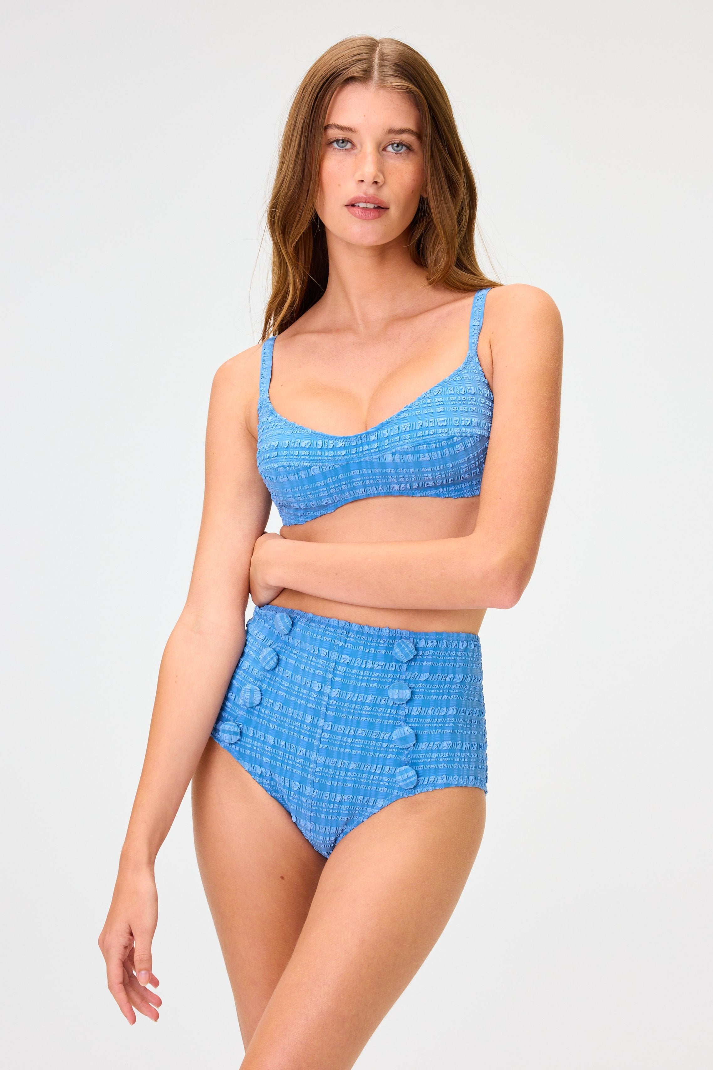 THE BALCONETTE HIGH-WAIST BIKINI in BLUE STRIPED SEERSUCKER