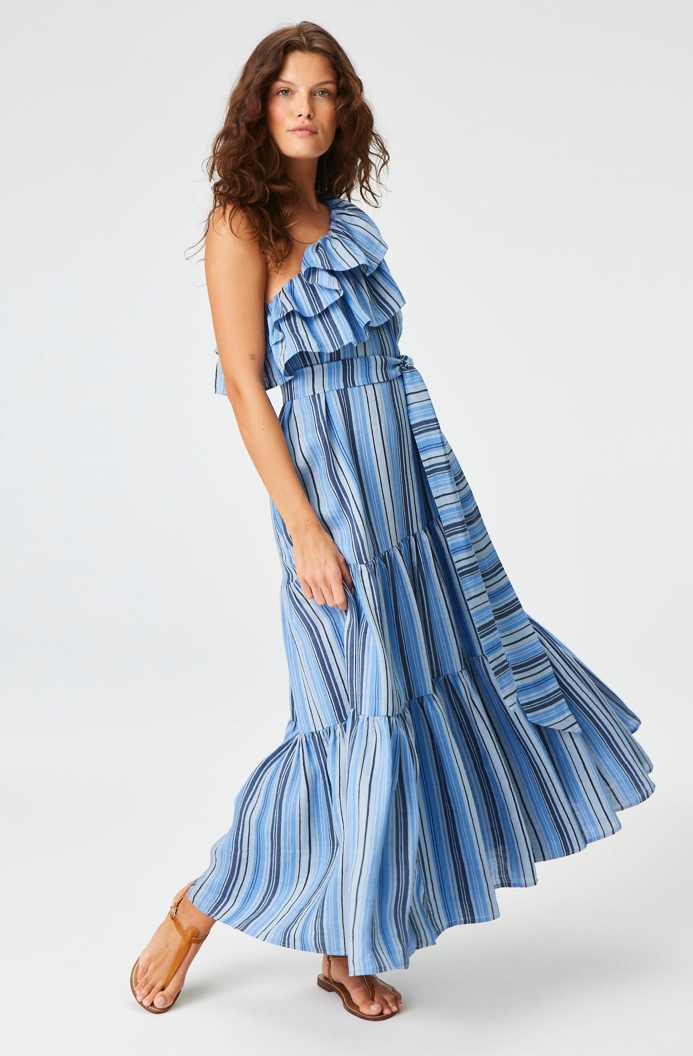 THE ARDEN DRESS in SEA STRIPED LINEN