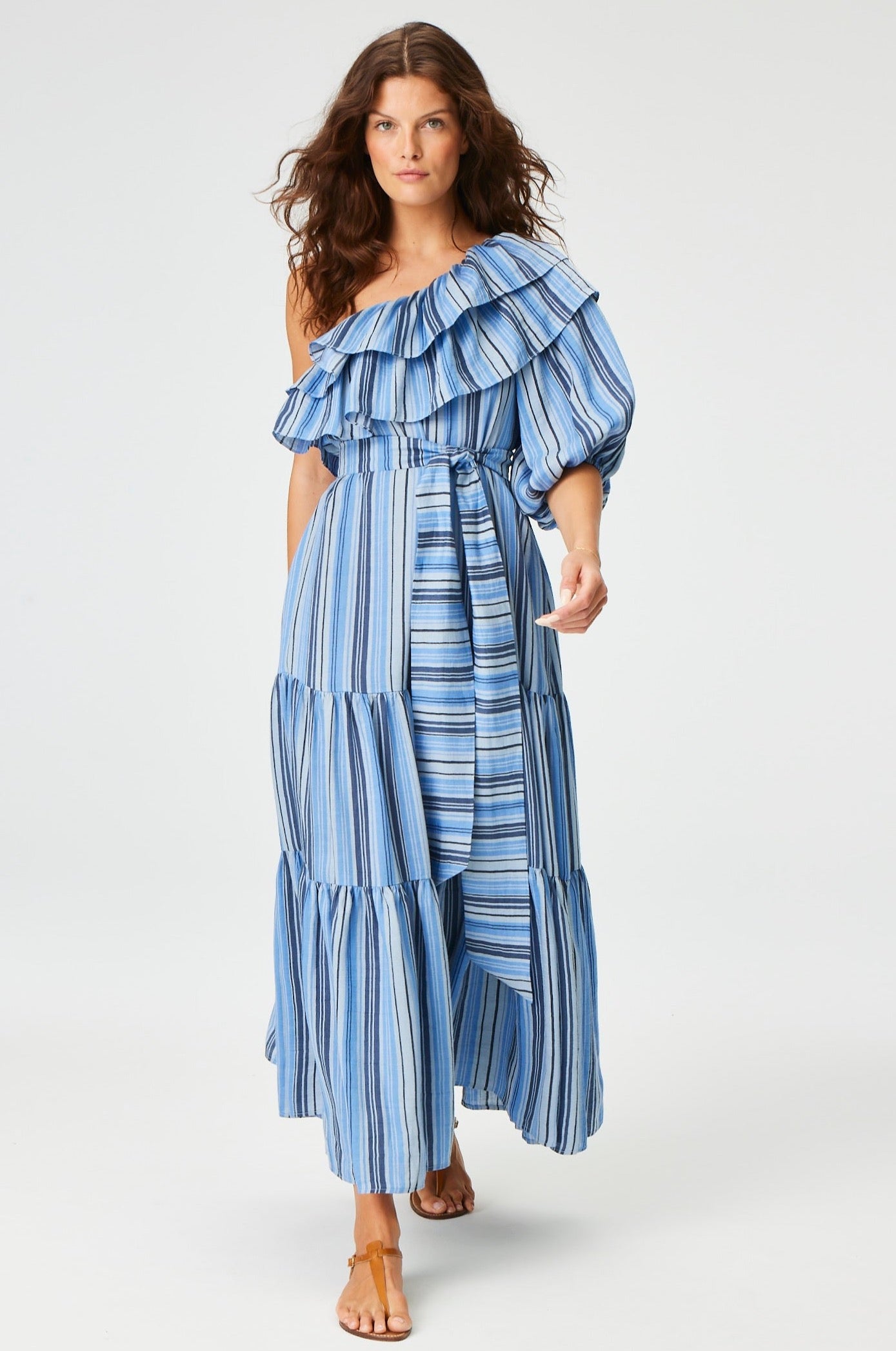 THE ARDEN DRESS in SEA STRIPED LINEN