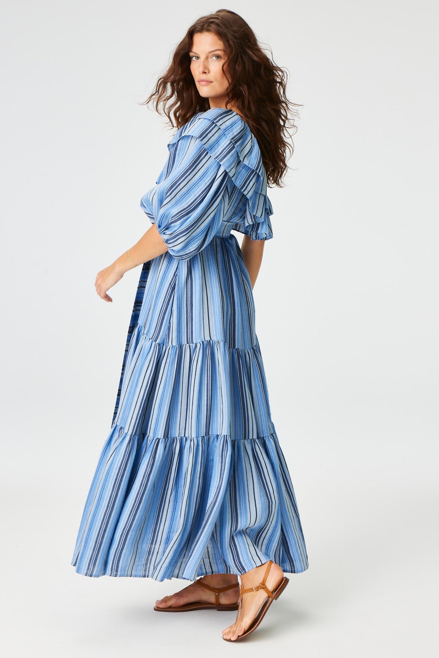 THE ARDEN DRESS in SEA STRIPED LINEN