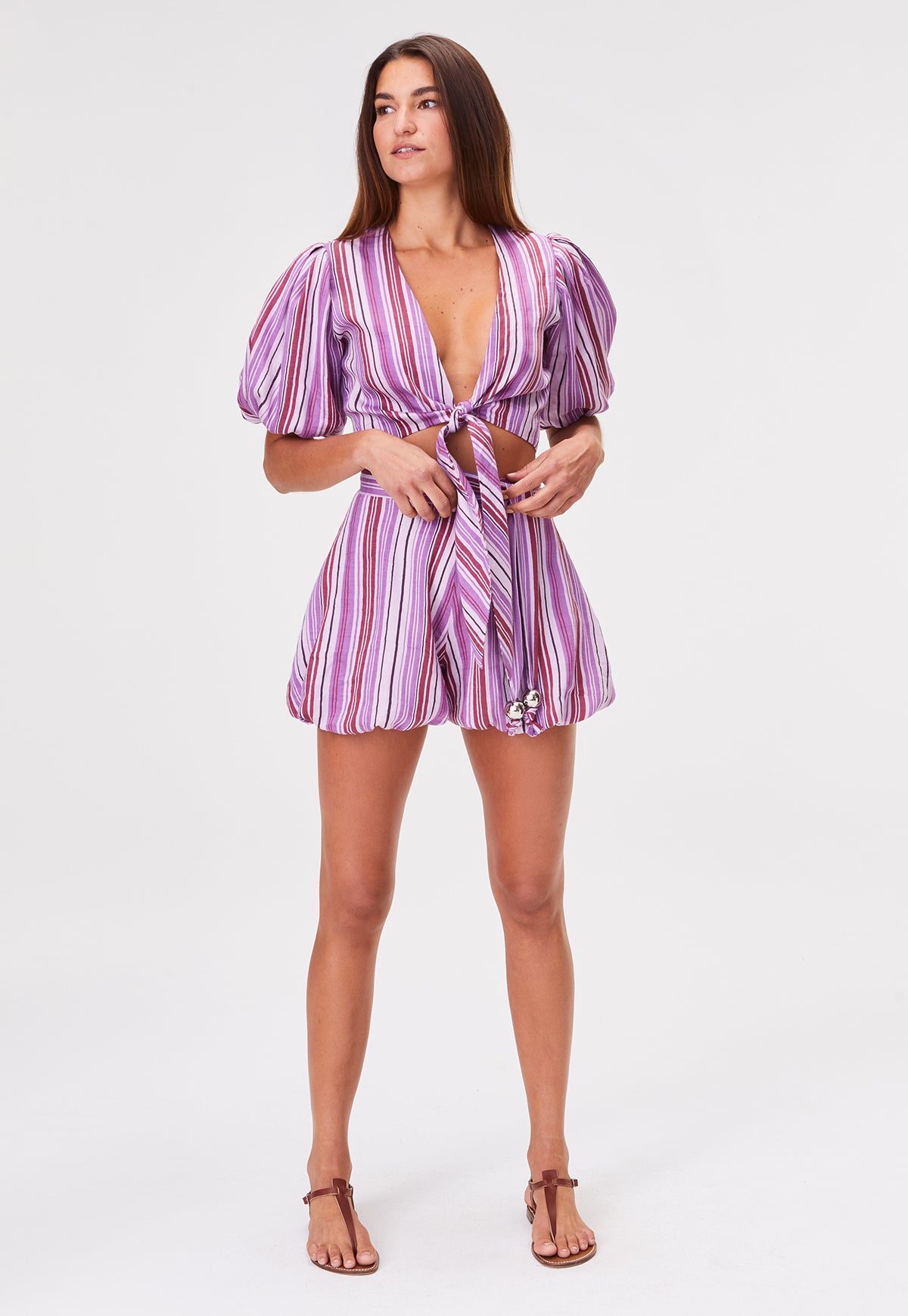THE POUF TIE BLOUSE in BLUEBERRY STRIPED LINEN