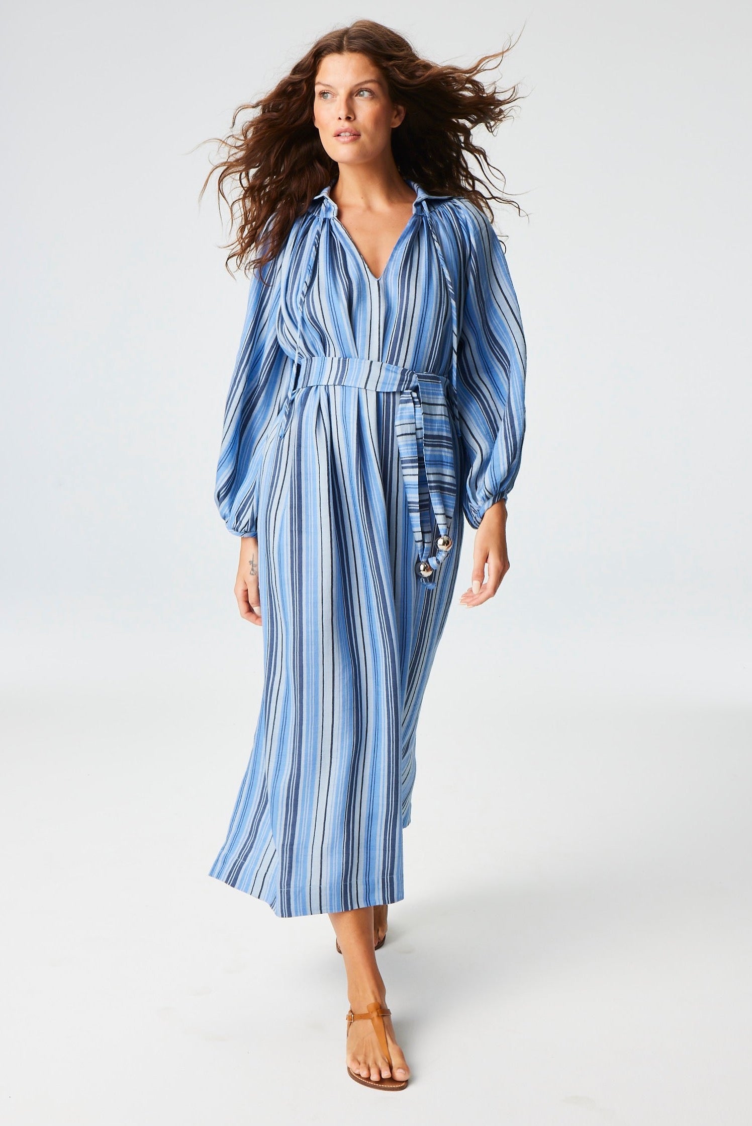 THE POET DRESS in SEA STRIPED LINEN