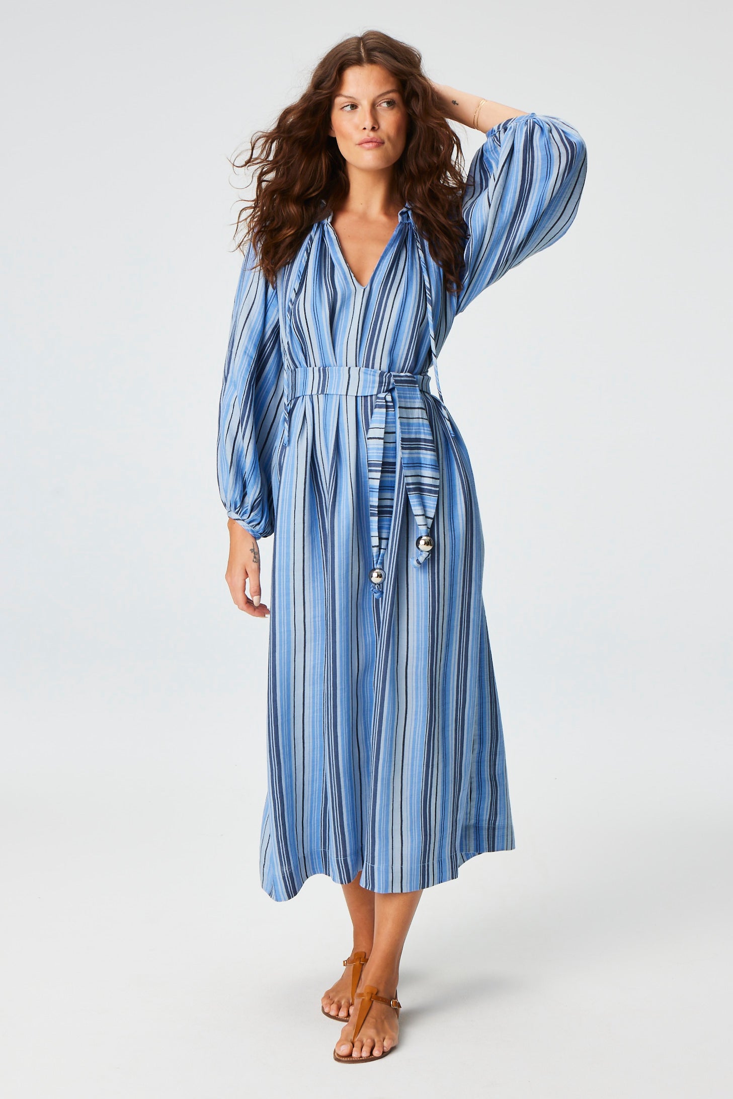 THE POET DRESS in SEA STRIPED LINEN