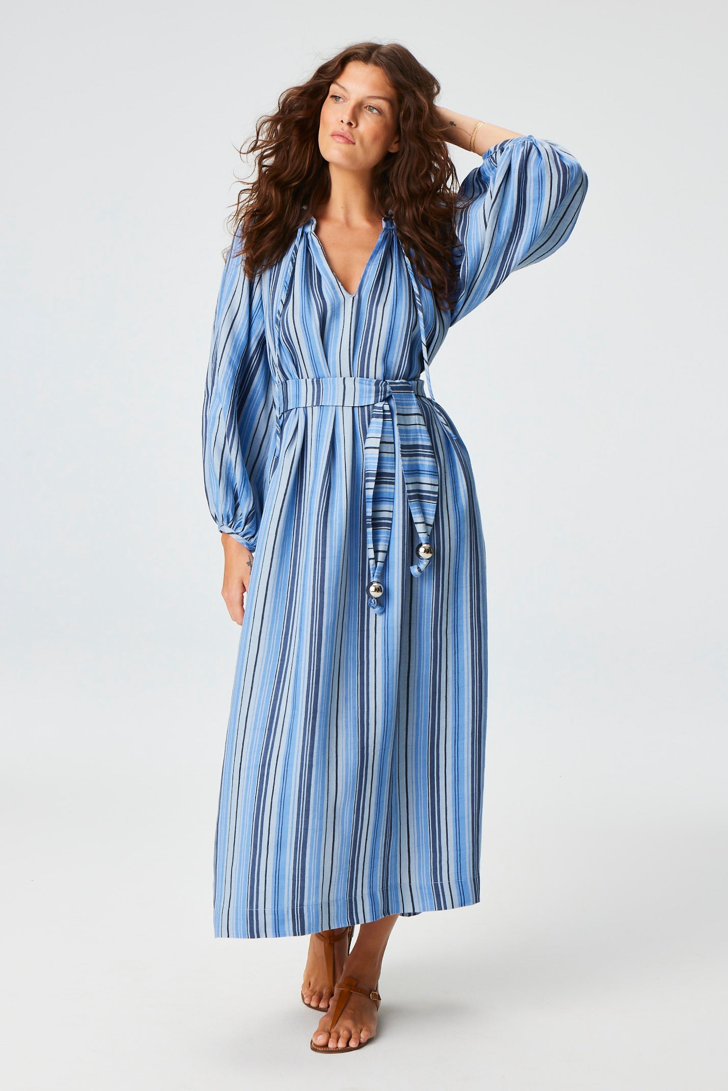 THE POET DRESS in SEA STRIPED LINEN